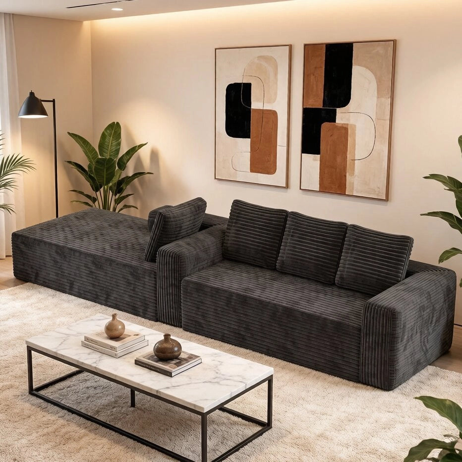 Divano angolare modulare a L con chaise longue reversibile e seduta profonda in velluto a coste - grigio