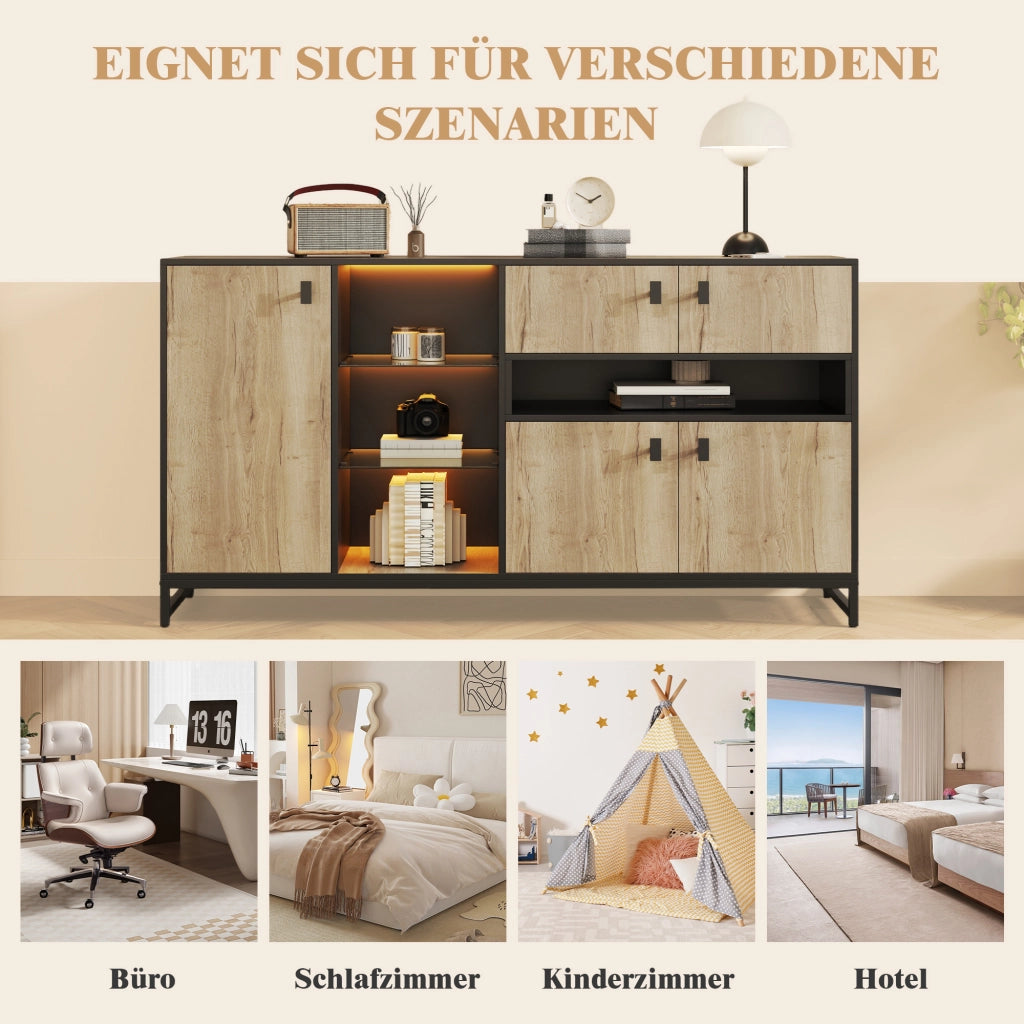 Credenza con 2 ante; ripiano regolabile e illuminazione LED - per soggiorno - 160×40×84.5 cm - naturale