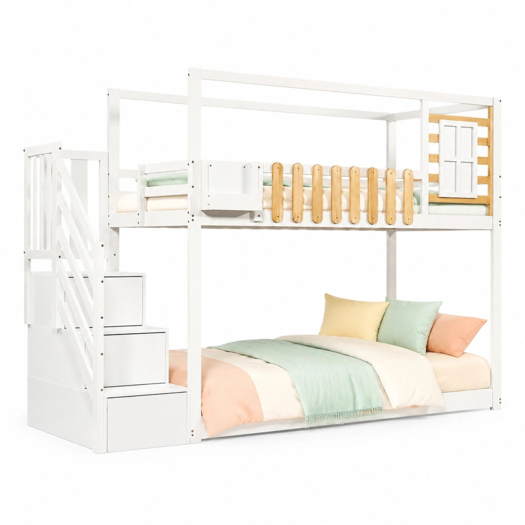 Letto a castello per bambini 90x200 cm con scala contenitore; finestra e ripiani in legno massello e MDF; bianco e naturale