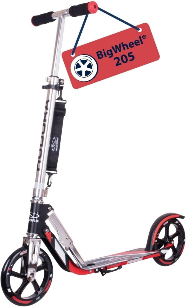 HUDORA Monopattino BigWheel 205 - in alluminio resistente - Monopattino pieghevole regolabile con cavalletto - sportivo per bambini e adulti fino a 100 kg - nero/rosso