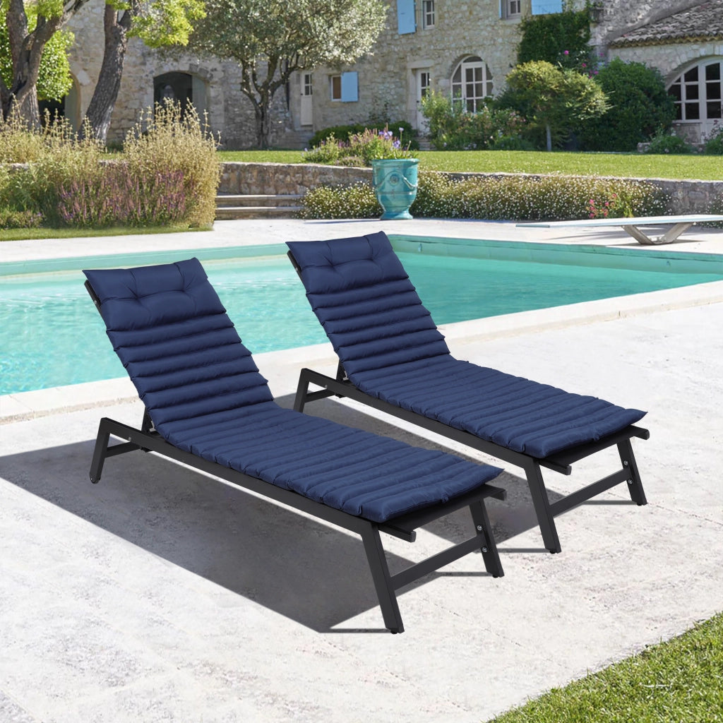 Set di cuscini per lettini da giardino a 2 pezzi in poliestere blu con cinghie regolabili e chiusura con cordino