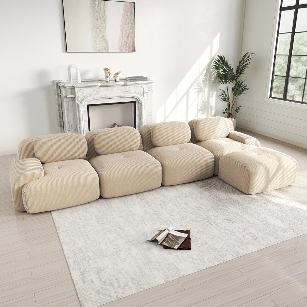 Divano angolare modulare 4 posti con braccioli curvi; senza montaggio; in velluto a coste; beige