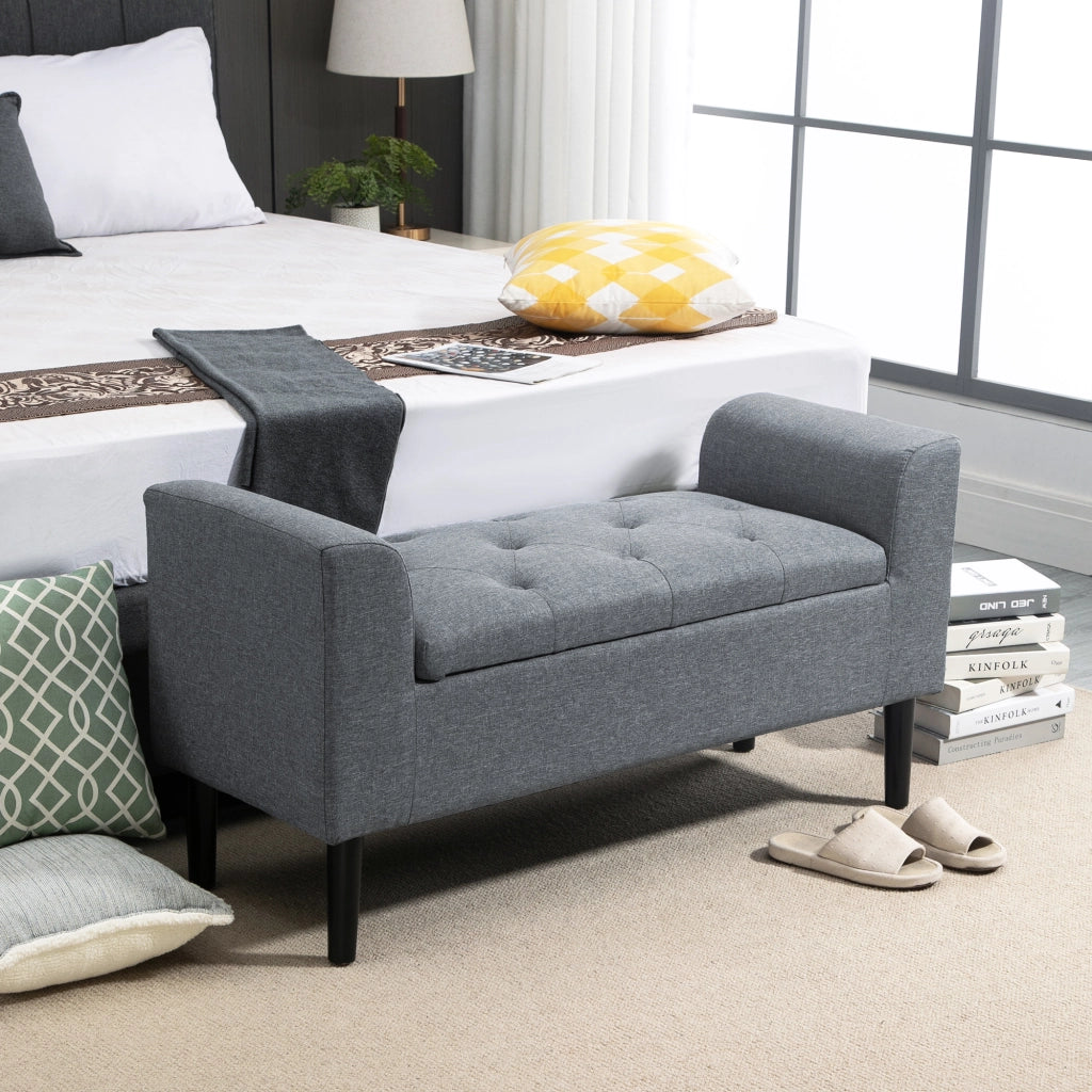 Panca contenitore con seduta imbottita e vano capiente in poliestere effetto lino grigio chiaro 116 × 44 × 58 cm