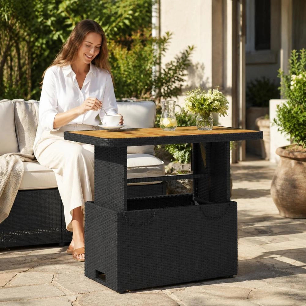 Garden Table Black 90x55x71 Cm Poly Rattan And Acacia Wood