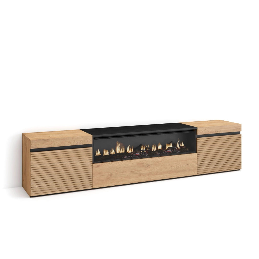 Mobile TV Soggiorno, 200x35x45cm, Per TV fino a 80", Camino elettrico, colore Rovere RF3315