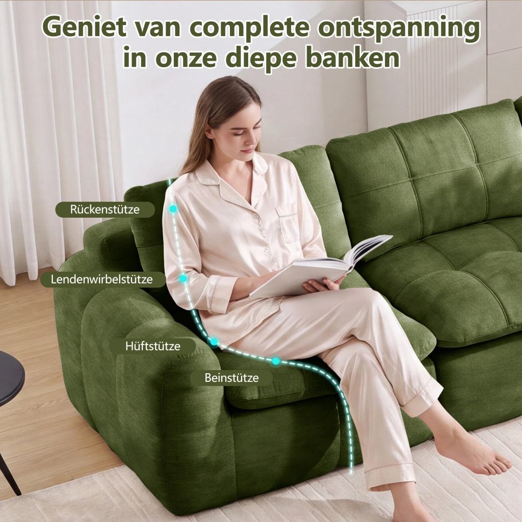 Divano modulare 3 posti con cuscini ergonomici e design trapuntato in ciniglia verde senza montaggio 264 × 97 × 68 cm