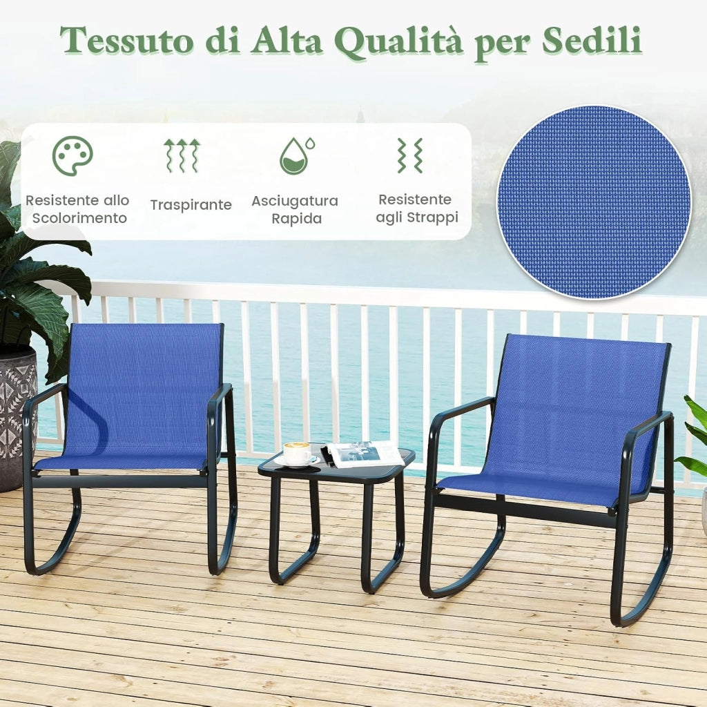 Set Bistrò 3 Pezzi, Sedie a Dondolo Ergonomiche in Textilene, Tavolino in Vetro Temperato, Struttura in Metallo, per Balcone, Giardino e Terrazzo (Blu)