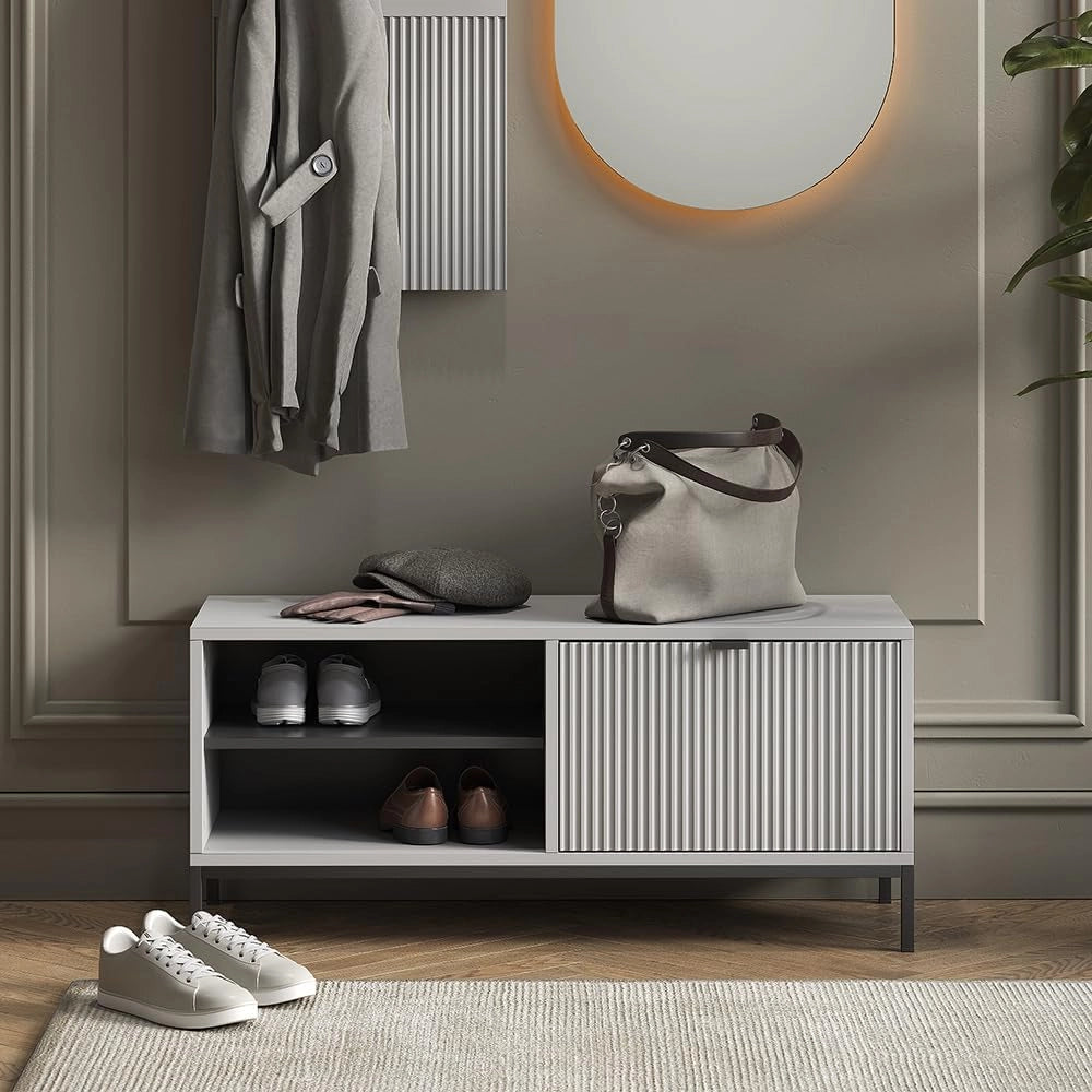 Panca scarpiera da ingresso Eliza, Grigio, 100 x 45 cm con porta a soffietto, per la conservazione delle scarpe e combinabile con la serie Eliza