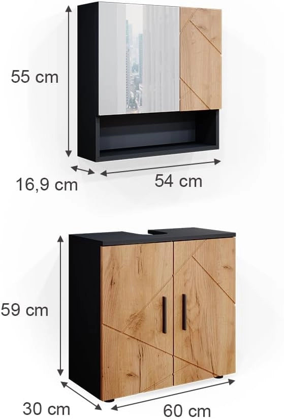 Set mobili bagno Irma, Quercia dorata/antracite, 80 cm, composto da specchio da bagno e mobile sottolavabo