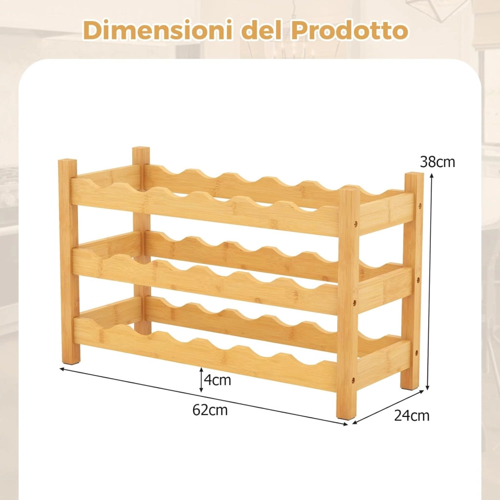 Portabottiglie per Vino in Bambù, Scaffale per 18 Bottiglie di Vino con Fessura a Onda, per Soggiorno, Cucina, Bar, 62 x 24 x 38 cm