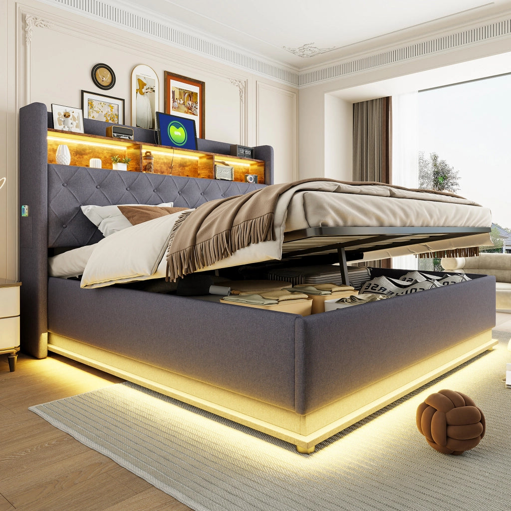 Letti contenitori 180x200 cm con LED multicolore e USB; lino; grigio