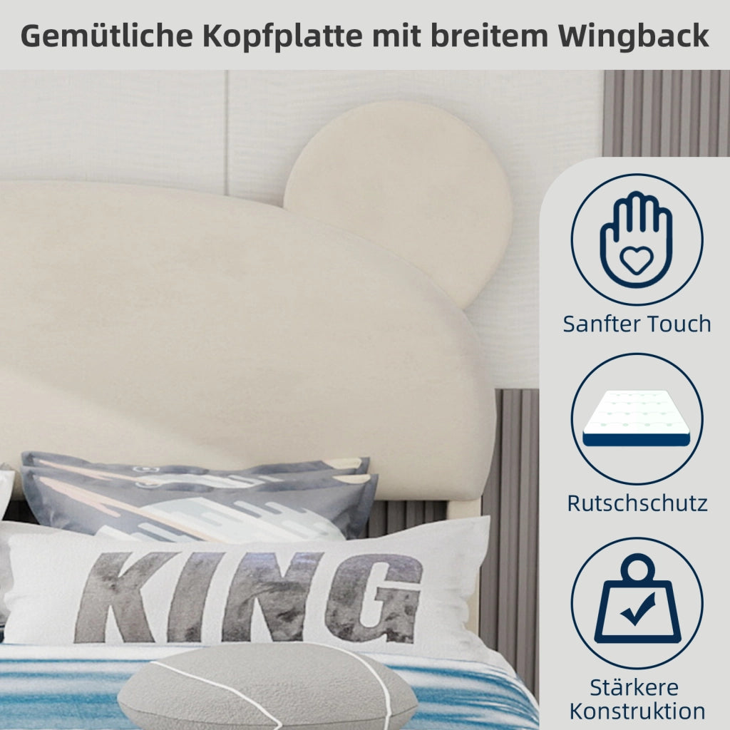 Letto per Bambini Singolo 140x200 cm; con Testiera Imbottita in Tessuto e Metallo; Beige