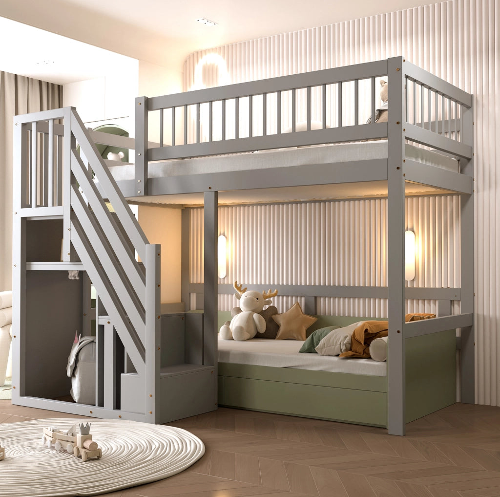 Letto a soppalco 90x200 cm con scala portaoggetti in legno grigio