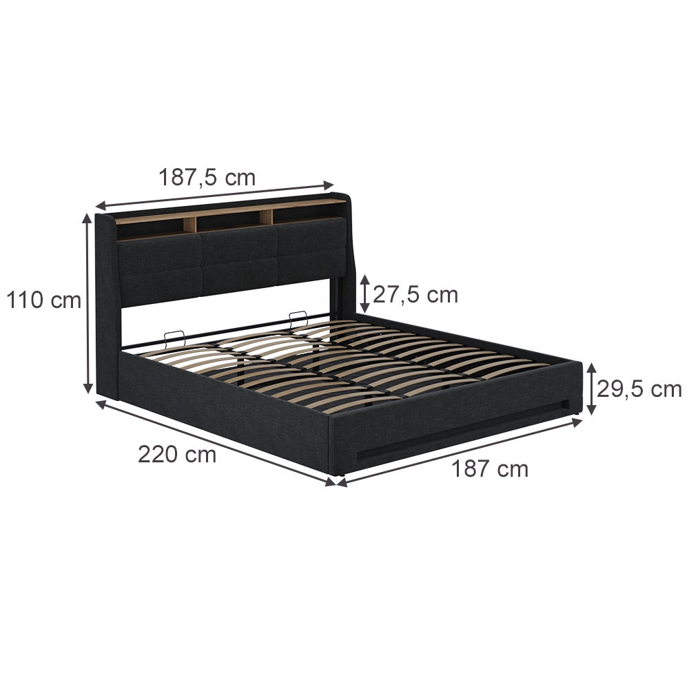Vitalispa Letto imbottito Antracite/quercia 180x200 con LED e porta USB