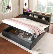 Letto matrimoniale imbottito 140x200 cm grigio con testiera contenitore; USB e LED RGBW