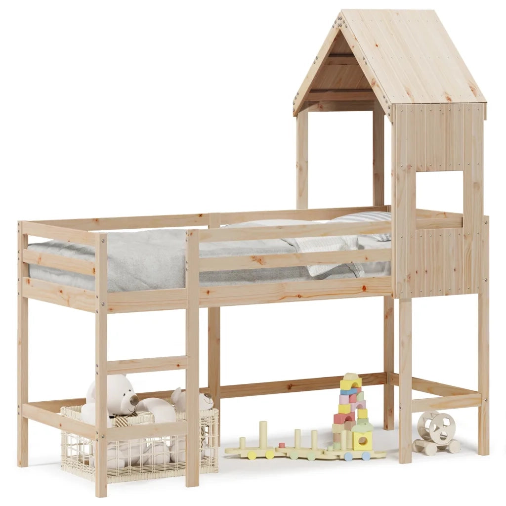 Letto singolo | Letto per adulti | Letto Soppalco con Scala e Tetto 90x190 cm Legno Massello Pino