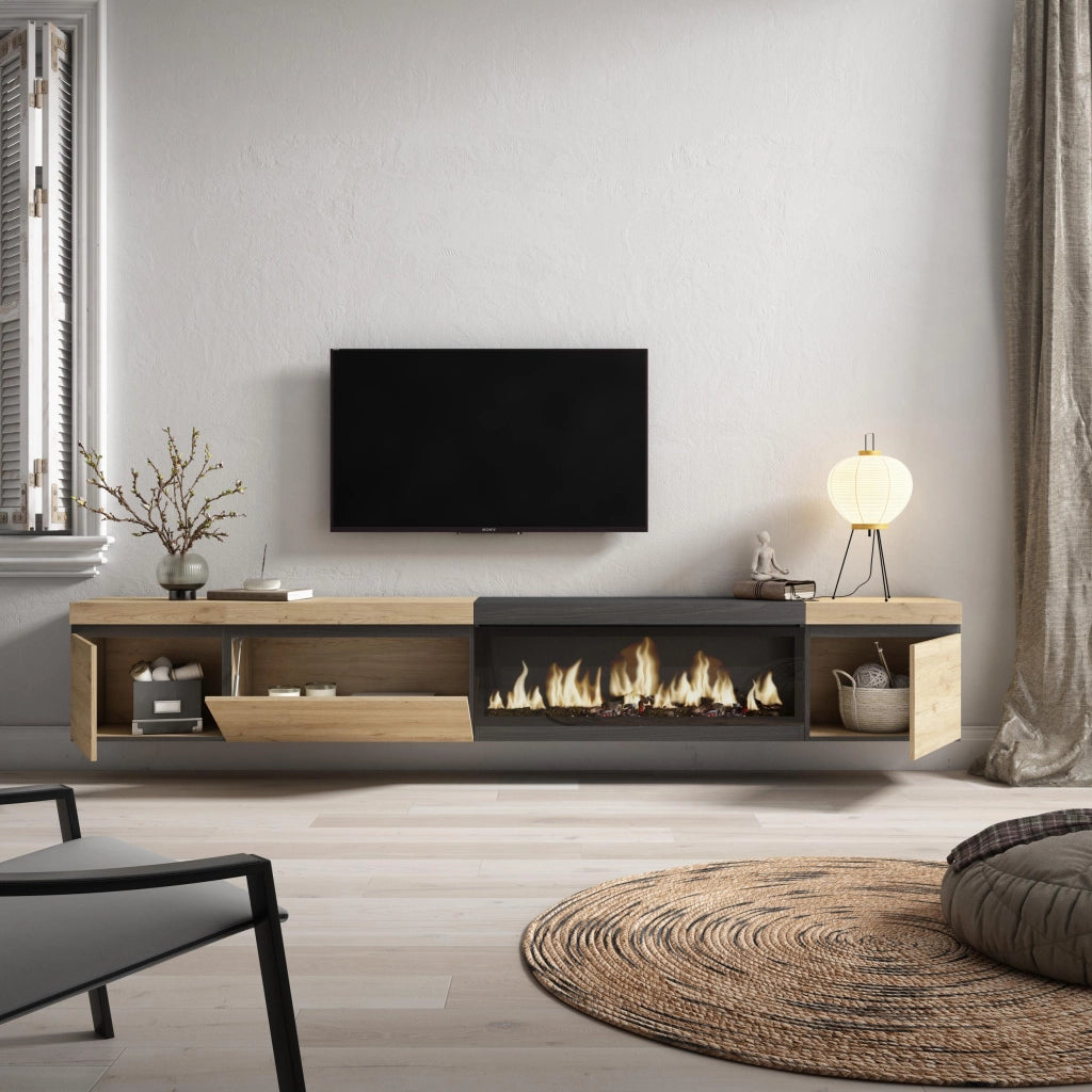 Mobile TV Soggiorno, 288x35x45cm, TV di grande formato, Camino elettrico XXL, da appendere, colore Rovere e nero RF3615