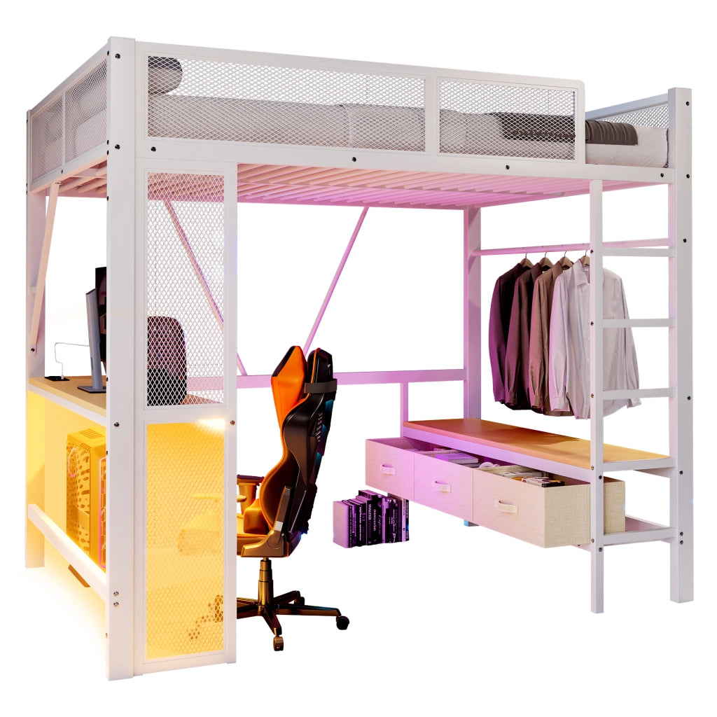 Letto a castello metallo bianco con scrivania led usb e 3 cassetti 140x200 cm