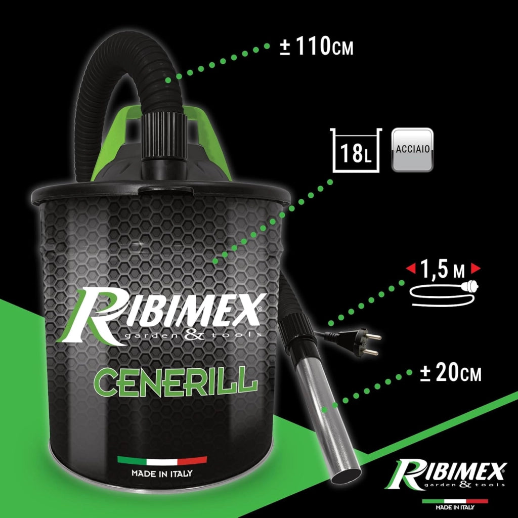 Aspiracenere Elettrico Cenerill 1000W con Filtro HEPA Lavabile Bidone in Acciaio 18 Litri e Tubo Metallico Ribimex