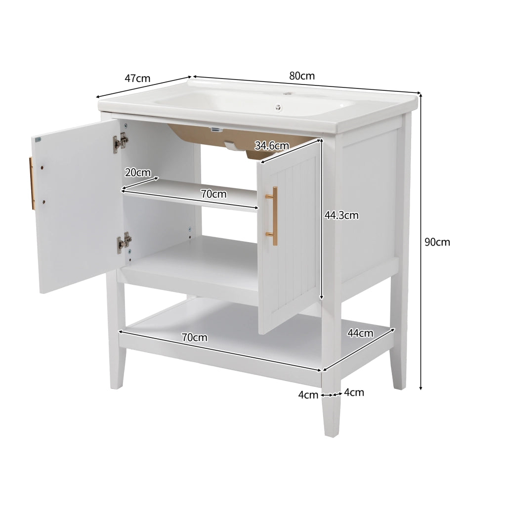 Mobile sottolavabo con lavabo in ceramica e vano inferiore aperto, struttura a pavimento, per bagno, in MDF, bianco