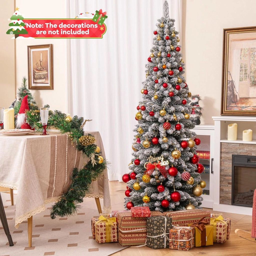 Albero di Natale 180 cm, Albero di Natale Innevato Stretto e Alto, Forma a Matita, con 460 PVC Punte di Rami Densi, Design Staccabile, Base Metallica (180 cm)