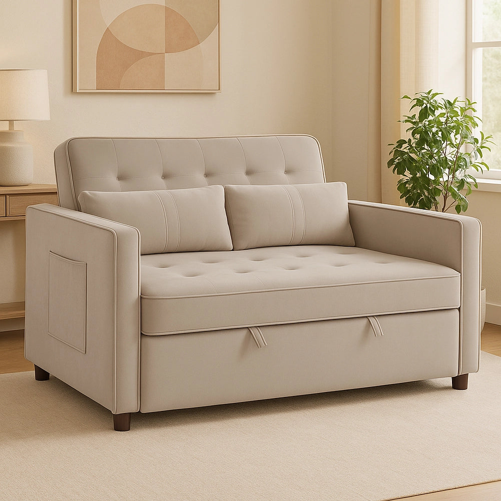 Divano Letto Due Posti in Velluto Premium con Imbottitura Alta Densità Beige