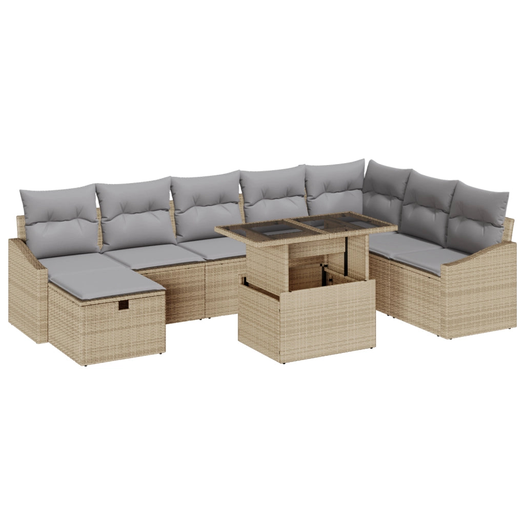 Set di Divani da Giardino da 9 Pezzi con Cuscini Beige in Polyrattan