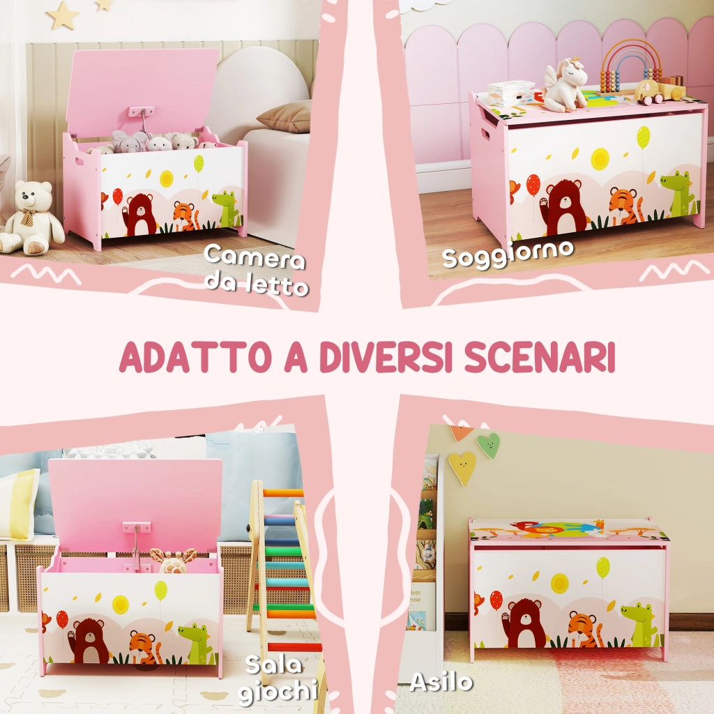 Baule Portagiochi Bambini in Legno con Cerniere di Sicurezza ¨C zephmum ¨C Rosa 60x37x39 cm