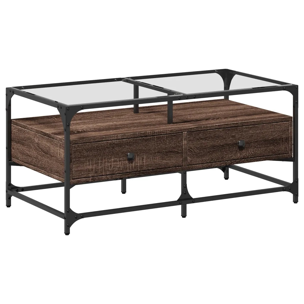 vidaXL Tavolino con Piano in Vetro Rovere Marrone 98,5x50x45cm Acciaio