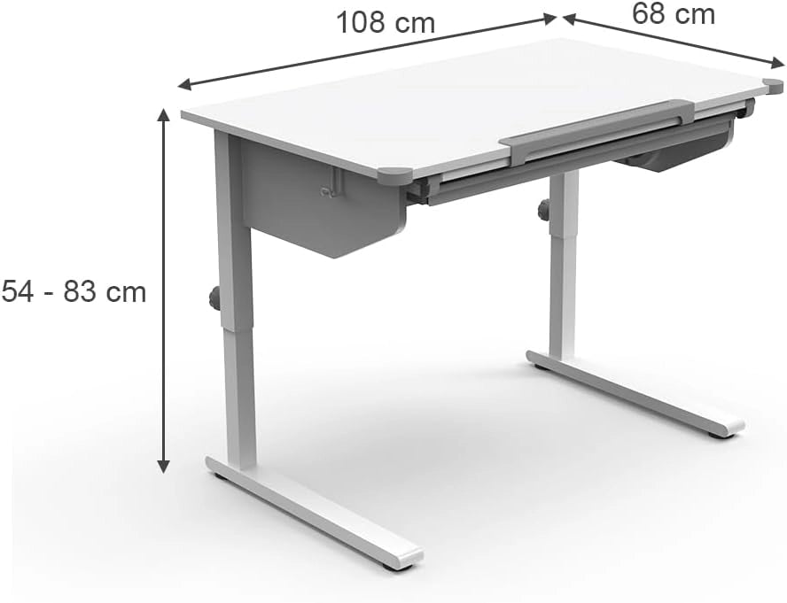 Scrivania per bambini Arc, Bianco, 108 x 68 cm Regolabile in altezza, per un lavoro ergonomico e una posizione di seduta regolabile