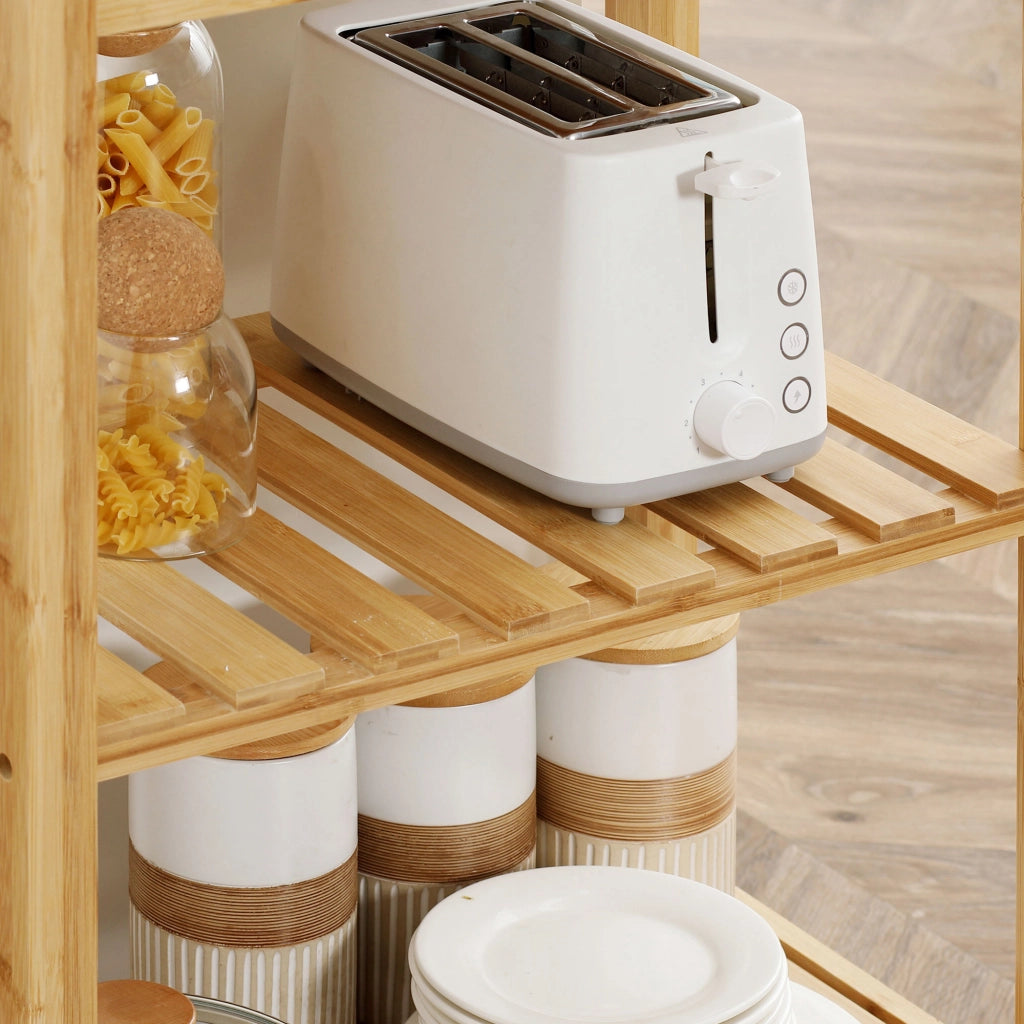 Carrello da Cucina con Piano in Acciaio Inox Cassetto e Mensole a Doghe in Bambù