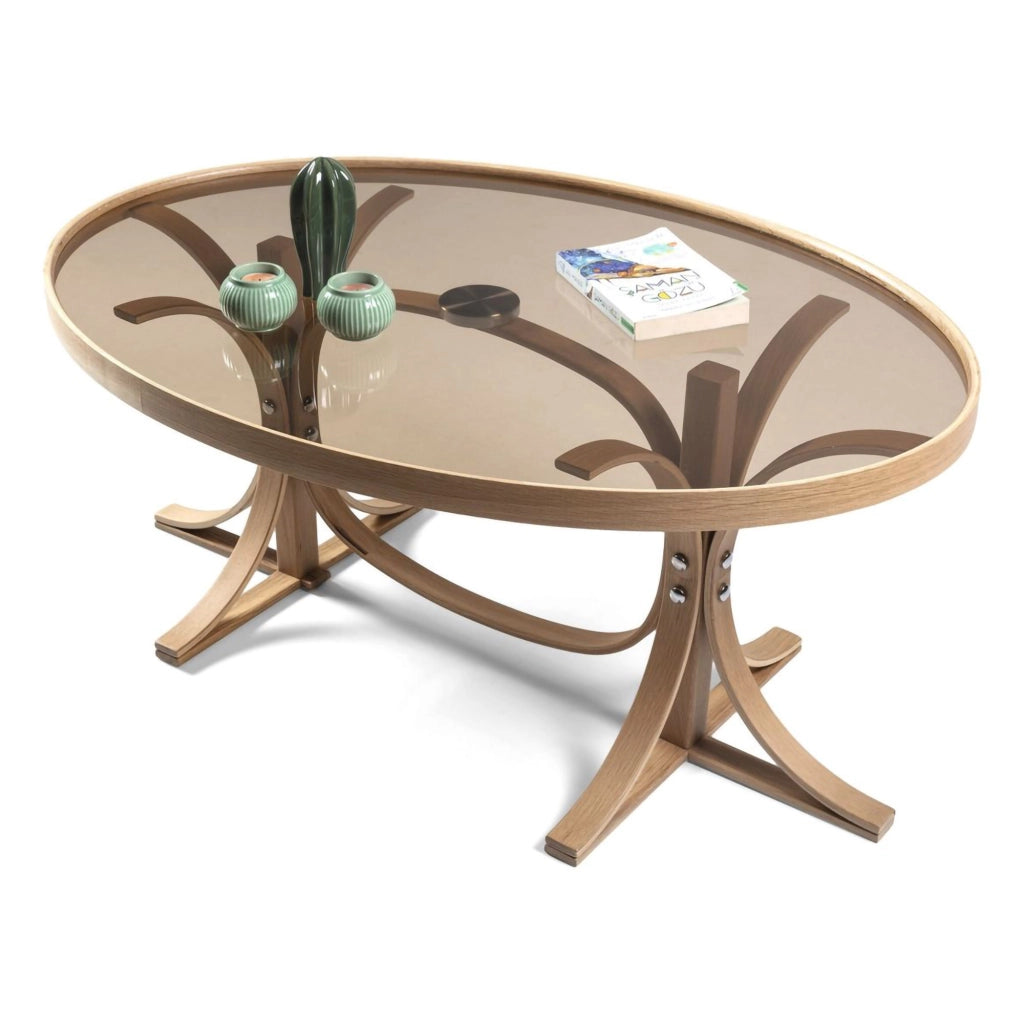 Sommo, Tavolino da Salotto Piano in Vetro Temperato, 112x78x47h cm Marrone Rovere