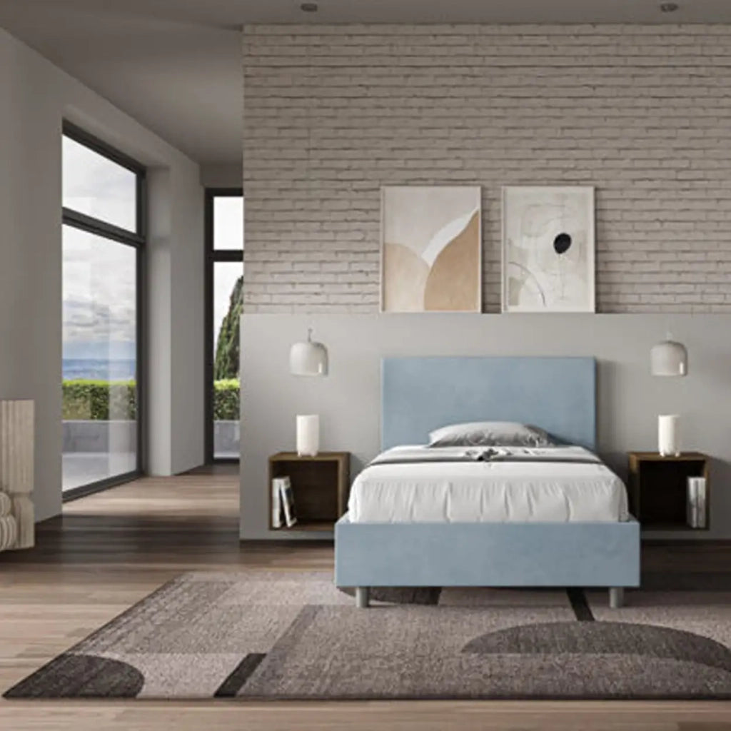Letto una piazza e mezza con rete imbottito 120x210 microfibra azzurro Adele