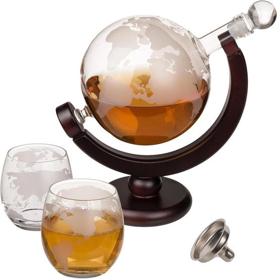 Dispenser di acqua con forma di sfera del mondo 850 ml 300 ml con vetro e legno, design della mappa del mondo, chiusura ermetica