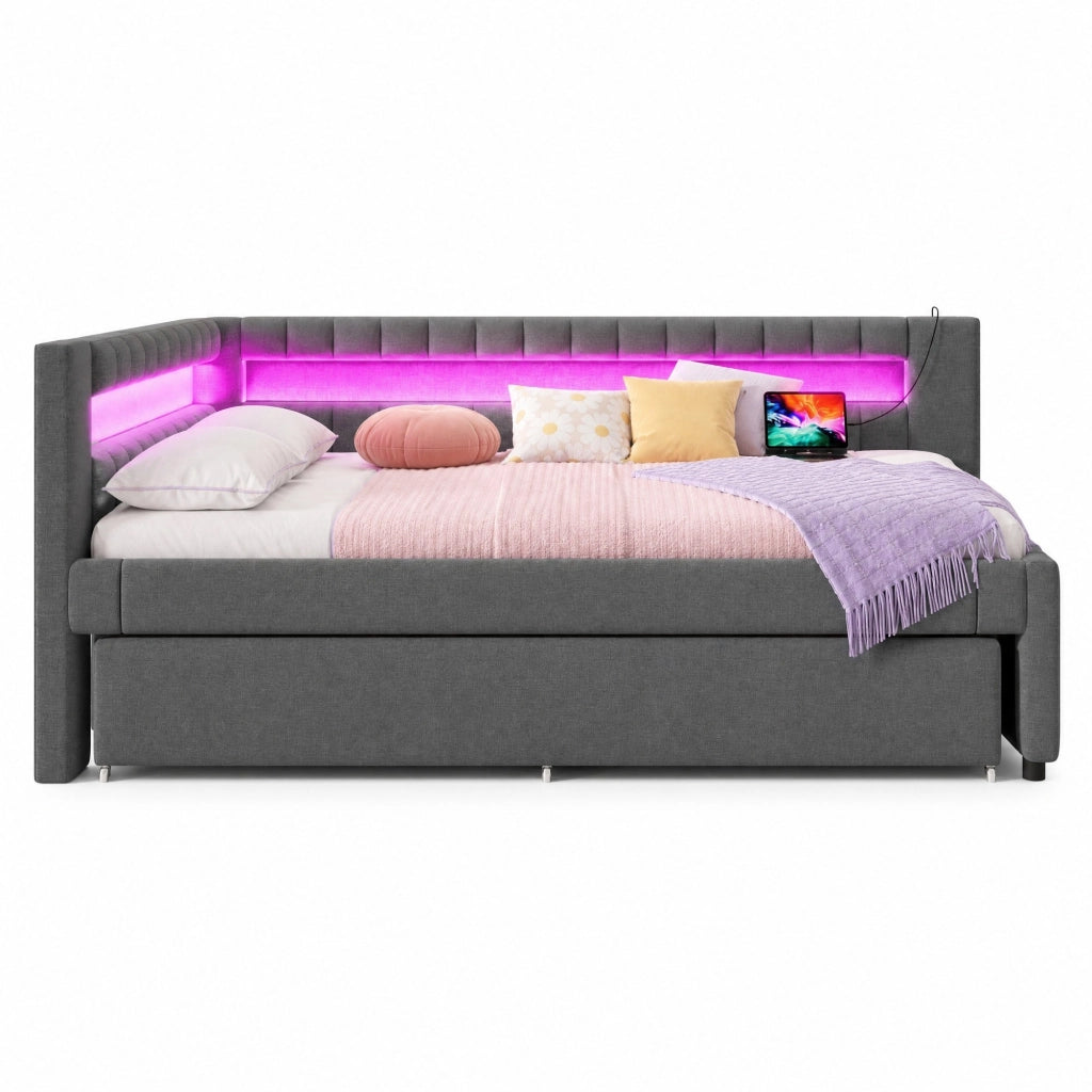 Letto da giorno 140x200 cm con letto estraibile, LED e USB-C