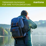 Mantona Luis Retro Zaino fotografico blu, per fotocamera con copertura antipioggia, borsa fotografica con scomparto per laptop, DSLR, 3 obiettivi e accessori fotografici