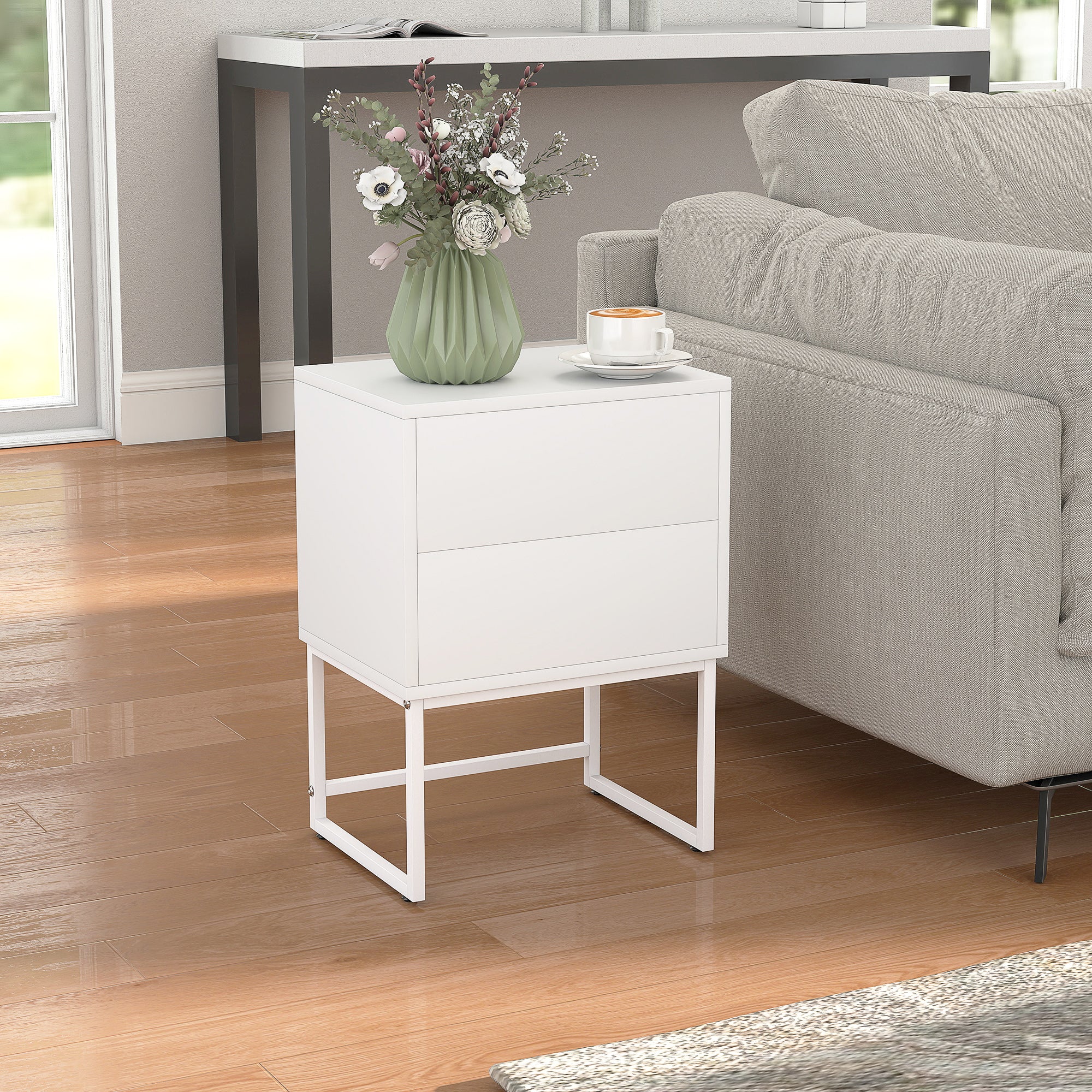 Comodino Moderno a 2 Cassetti con Apertura a Pressione 40x30x50 cm in MDF e Acciaio Bianco