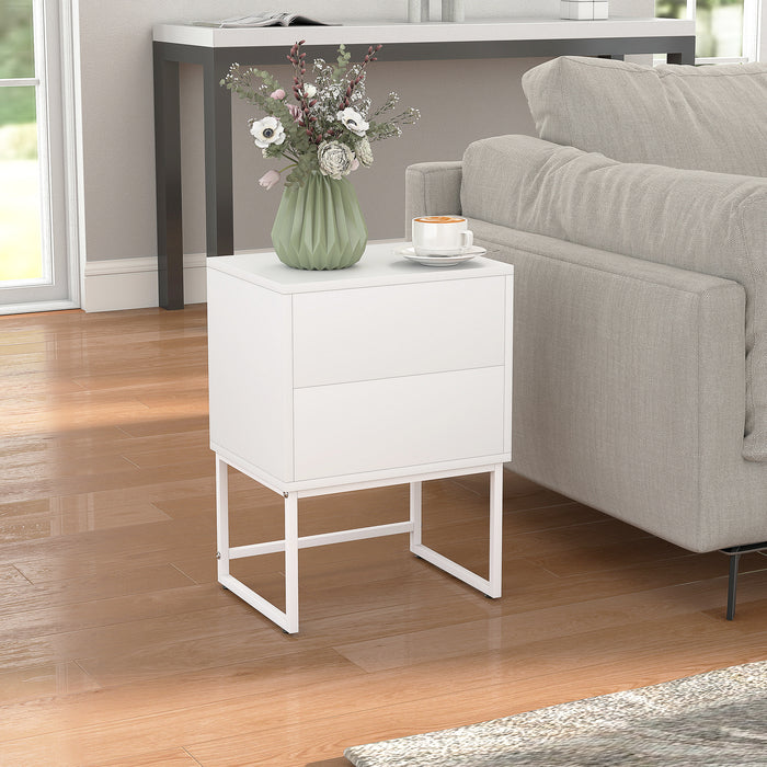 Comodino Moderno a 2 Cassetti con Apertura a Pressione 40x30x50 cm in MDF e Acciaio Bianco