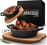 Set di padelle in ghisa - 2 pezzi - con sottopanchetti in legno - acacia - padella piccola Ø 11 cm - libro di ricette - preabbruciata