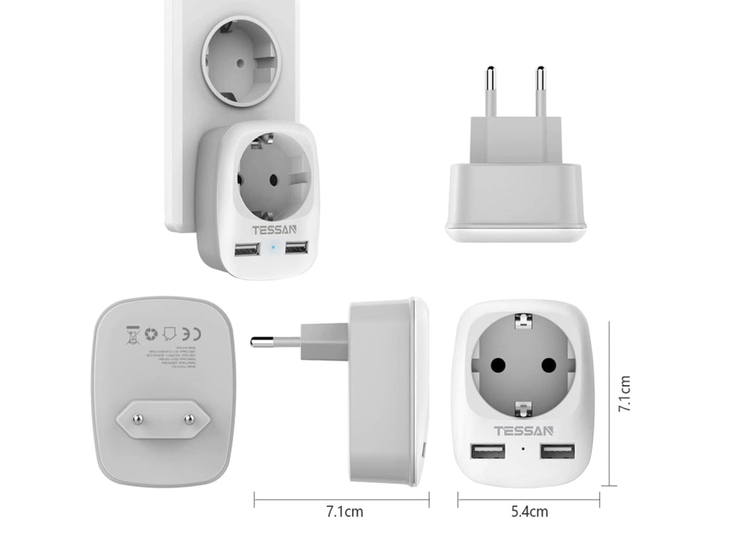Tessan Adattatore da Viaggio Presa Europea Tedesca con 2 USB 2.4A e Presa Schuko