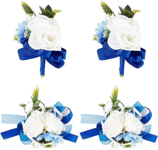 Set di Corsage e Boutonniere in Tela di Lino Blu Marino e Bianco con Fiori di Seta