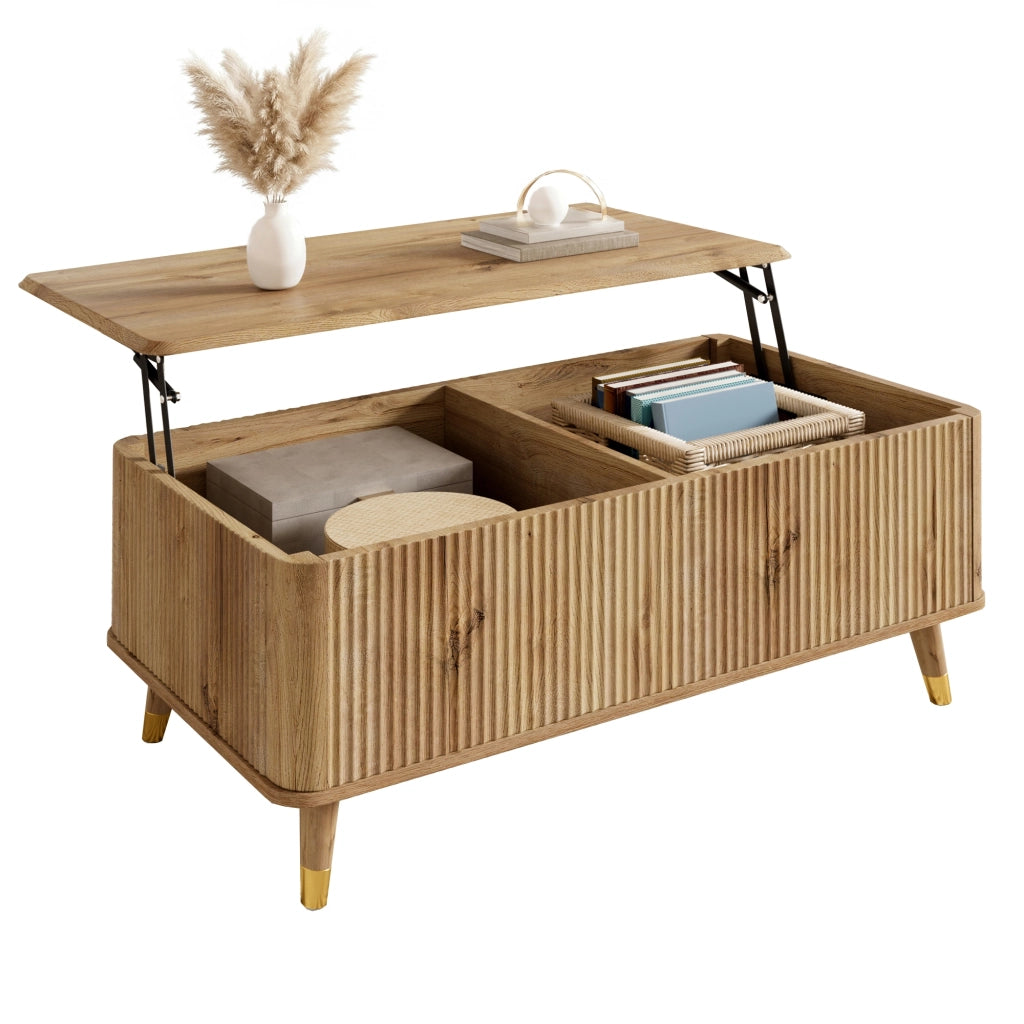 Tavolino da salotto - Tavolino d'appoggio - Altezza regolabile - Piano allungabile - Mobile multifunzione per soggiorno - Vani contenitori nascosti - Colore legno naturale
