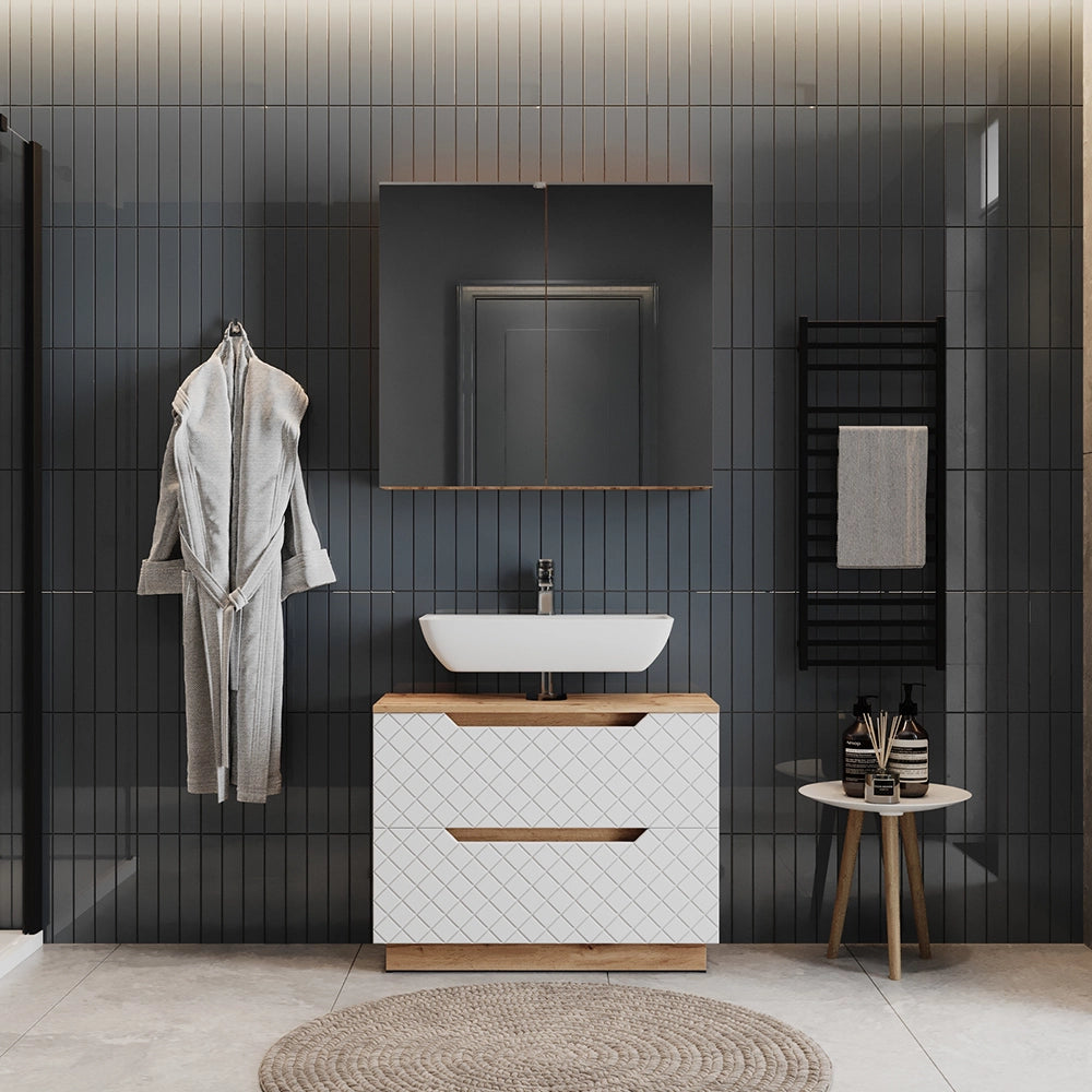 Vicco Set di mobili da bagno Rovere/bianco con struttura in piastrelle 2 parti