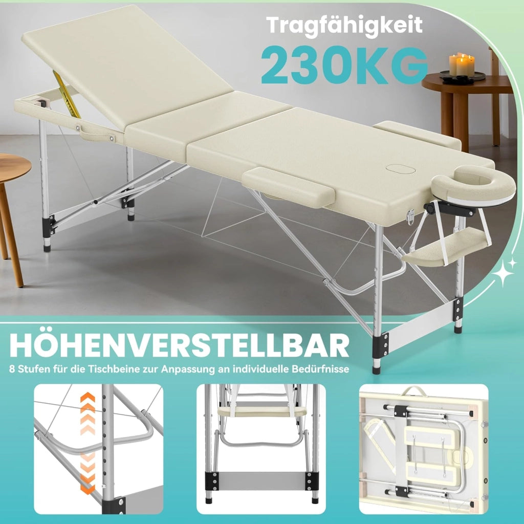 Lettino massaggiante pieghevole a 3 zone, altezza regolabile con braccioli, cuscino viso e custodia, in alluminio, colore: beige