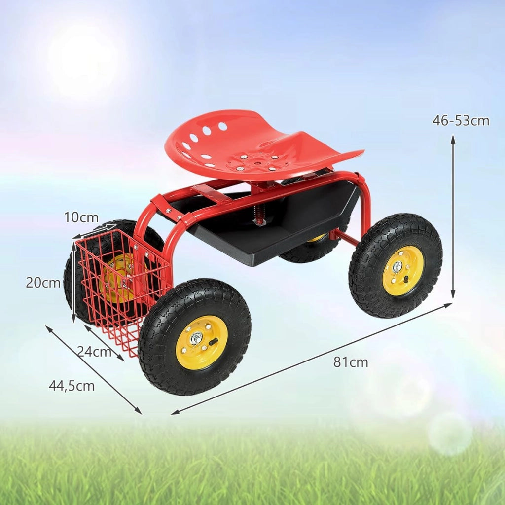 Sedia a rotelle per giardinaggio, girevole a 360° e regolabile in altezza da 46 a 53 cm, con cestino e ripiano, portata 150 kg, per giardinaggio e cura dell'auto (rosso)