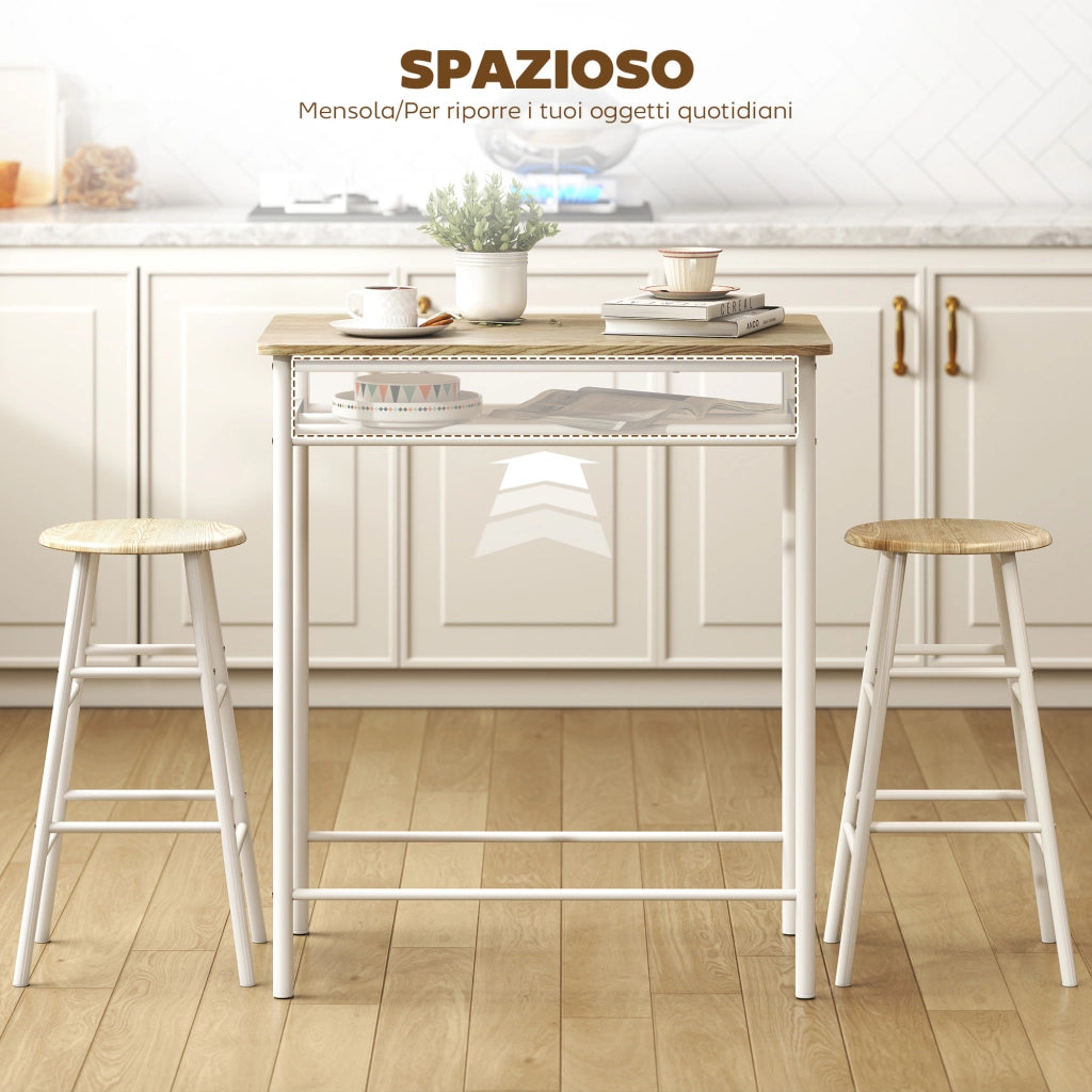 Set Bancone Bar e 2 Sgabelli Alti in Legno Stile Nordico con Mensola e Poggiapiedi. Bianco