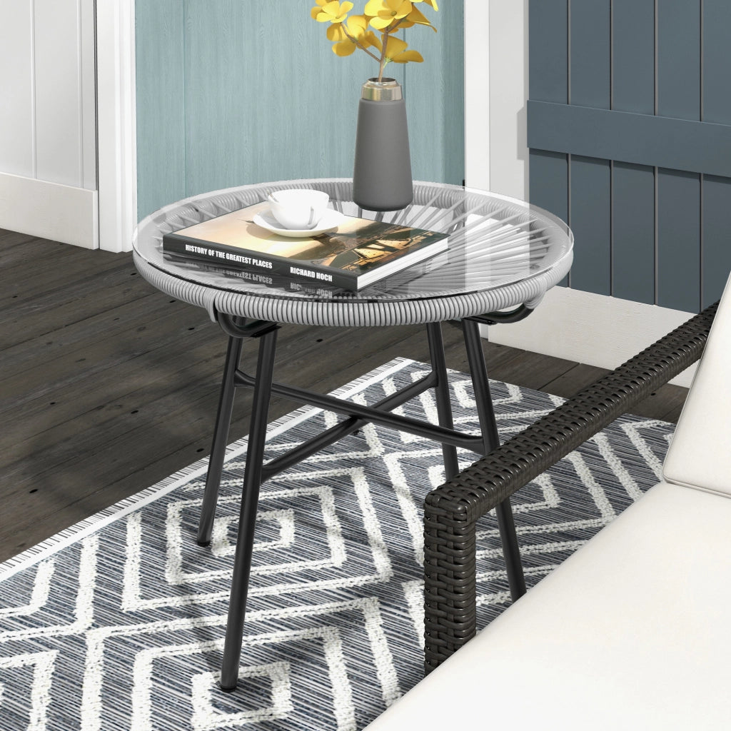 Tavolino da Caff¨¨ Rotondo in Rattan e Vetro ¨C MINIMAL ¨C Nero/Grigio, 50x50x50 cm