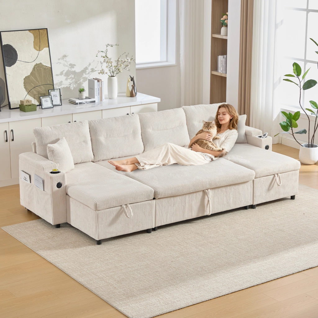 Divano 4 posti con chaise longue; contenitore; portabicchieri e USB in velluto a coste beige