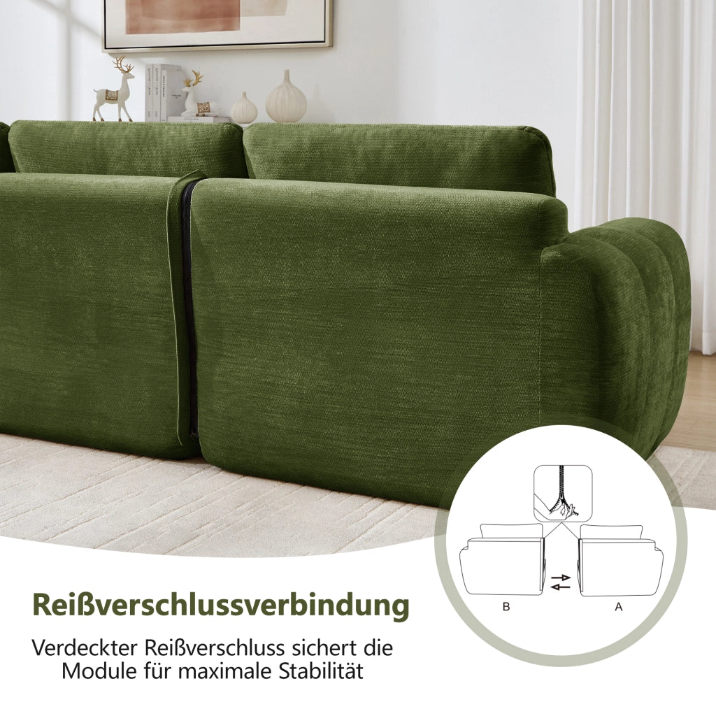 Divano ad angolo modulare 2 posti senza telaio con seduta ergonomica e pouf per salotto in ciniglia verde