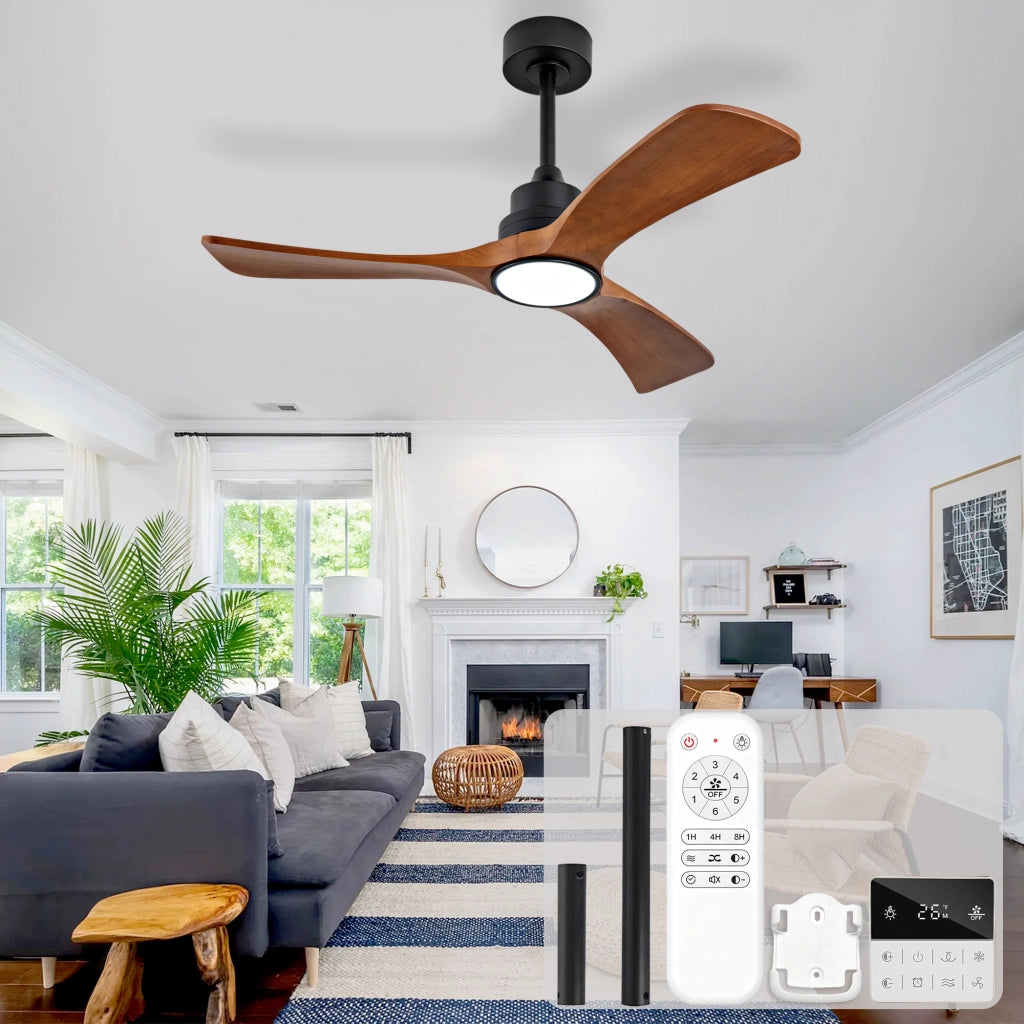 Ventilatore da soffitto 42 pollici con illuminazione, 3 pale legno massello, telecomando e wifi, motore DC silenzioso reversibile, moderno